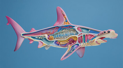 Educational marine biology diagram of hammerhead shark sliced open to reveal bones organ systems and internal structure on a clean solid background