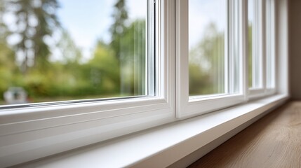 Fototapeta premium Close-up view of modern white window frame overlooking lush greenery.
