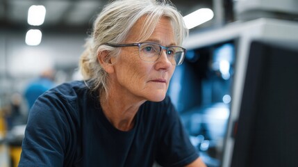 Mature caucasian female in industrial setting working focused.
