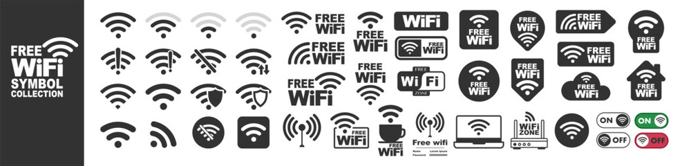Free Wi-Fi icons. Wireless internet connection symbol set for public zones on transparent background