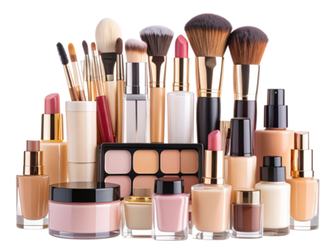  Scattered Cosmetic Essentials with Perfume and Eyeliner in Soft Pastel Color Scheme, Feminine Vector Style, Transparent PNG