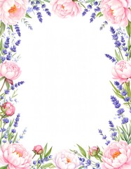 Fototapeta premium Delicate Watercolor Border of Pink Peonies and Lavender