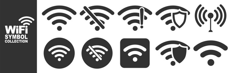 Wi-Fi icon set, wireless signal symbols, internet connection, hotspot, mobile network, communication sign on transparent background.