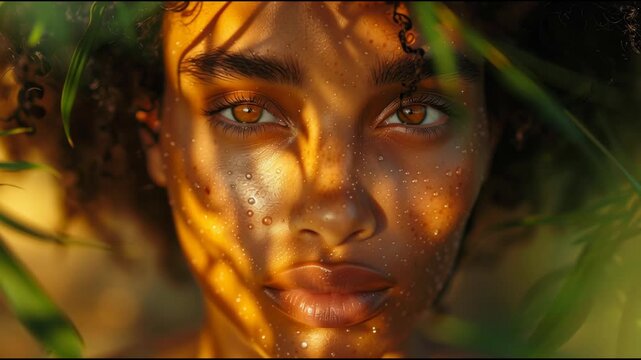 Close up portrait of individual with dewy skin, surrounded by leaves and bathed in warm sunlight, creating serene and natural atmosphere
