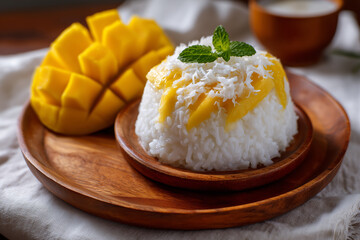 Fresh glutinous rice dessert with sliced mango and coconut milk served on a clean wooden plate under soft natural lighting