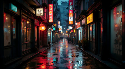 Atmospheric streetscape in Asia with vibrant lights reflecting on wet pavement