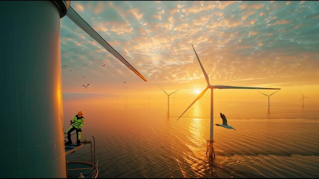 High Visibility Overalls Worker Maintains Wind Turbine at Sunrise Over Ocean Waters