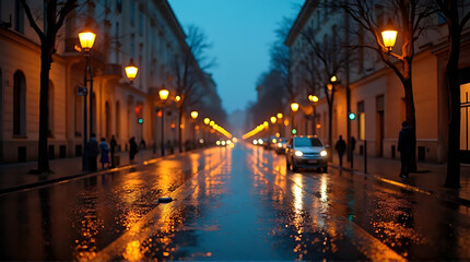 Fototapeta premium City street reflections after rain at night showcasing urban atmosphere