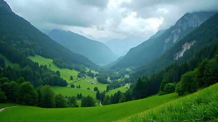 Fototapeta premium Breathtaking alpine scenery showcasing lush green meadows and forested mountains