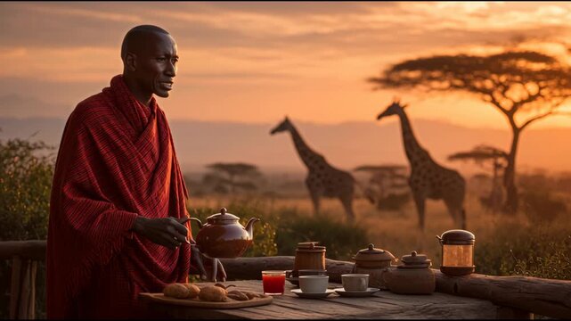 Maasai Host Serves Tea at Sunrise with Giraffes in Background Creating Serene and Cultural Scene