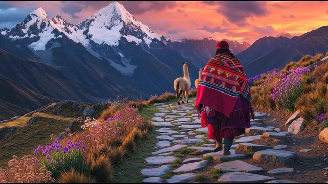 Quechua Guide Leads Llamas on Vibrant Mountain Path with Snow Capped Peaks and Flowers at Sunset