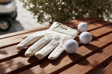 Premium golf glove and three golf balls on a wooden surface, ready for play.