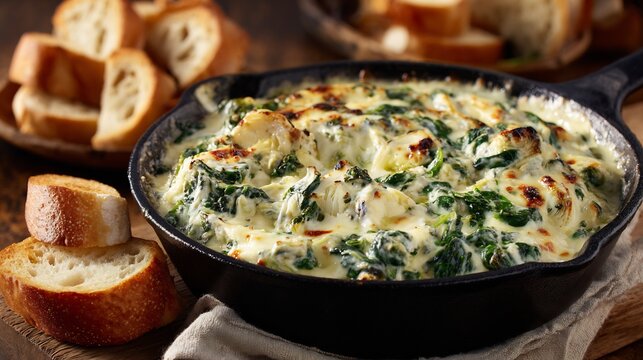 Creamy spinach and artichoke dip bubbling in a skillet with crusty bread on the side