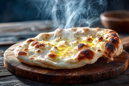 Hot butter naan bread served fresh with shiny melted butter on wooden board in bright white daylight with rustic background