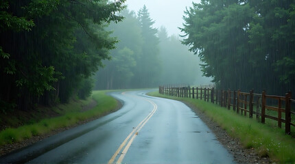 Obraz premium Scenic winding road through lush forest on a rainy day, creating a serene view