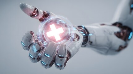 Medical AI robot performing diagnostics with holographic interface, realistic lighting,