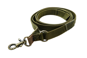 Olive green dog leash with metal clasp isolated on black background