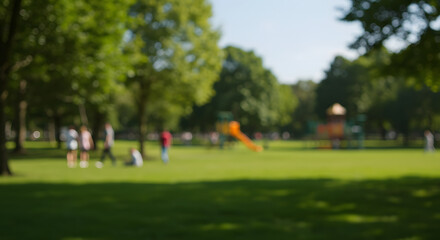 Obraz premium Vibrant summer park scene with blurred figures enjoying outdoor activities and colorful playground equipment under lush green trees generative ai.