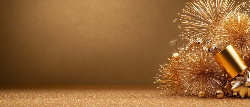 Festive golden new year celebration with fireworks and streamers on glittering background