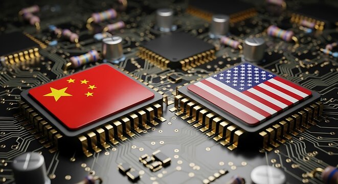 China and usa flags on computer chips symbolize tech rivalry
