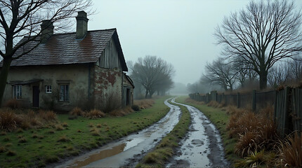 A serene landscape featuring an old house along a muddy path on a misty day