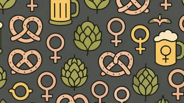 Seamless Pattern with Pretzels, Beer Mugs, Hops, and Gender Symbols on Dark Background