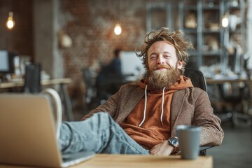 Happy bearded man relaxing at modern office with feet on desk and laptop