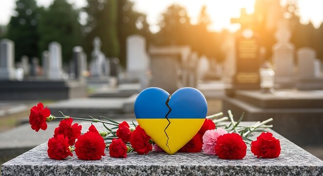 Broken ukrainian heart with flowers at cemetery - Powered by Adobe