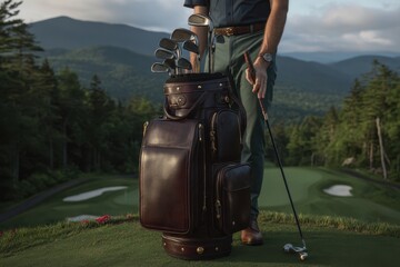 A gentleman on a breathtaking mountain golf course with a luxury bag.