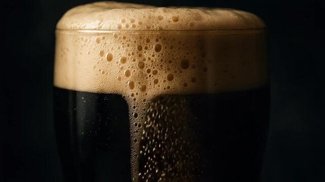 Close-Up of Frothy Dark Beer Glass with Rich Foam and Fine Bubble Detail