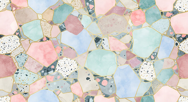 Artistic Watercolor Pastel Terrazzo Pattern With Golden Details Background
