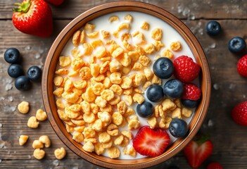 Overhead shot of crunchy cornflakes, milk, and fresh berries in a rustic bowl,   grain,   table