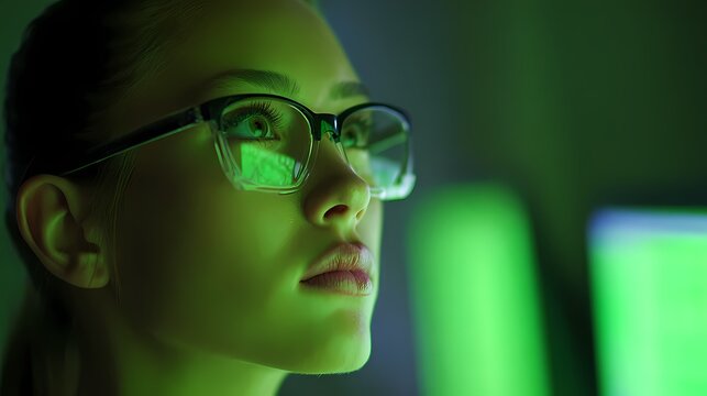Close up of woman wearing glasses with green screen reflections on lens