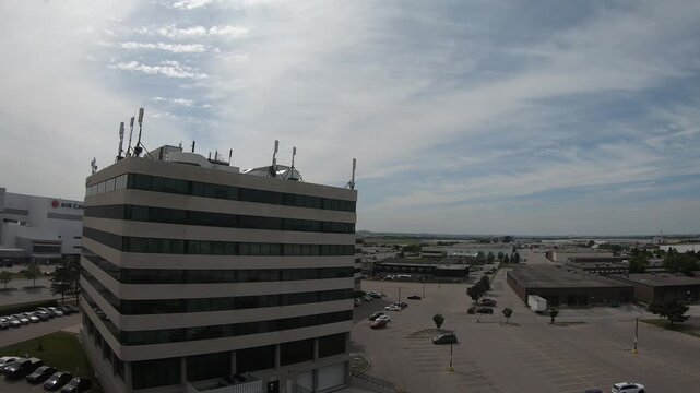 Mississauga, Ontario, Canada, June 15, 2025: TIMELAPSE - An Airplane flies in the sky. Airplanes take off from the Toronto Pearson International Airport, Canada.