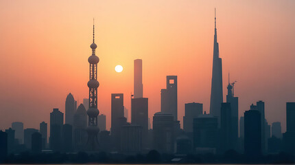Stunning Sunrise Over Shanghai Cityscape: A Silhouette of Modern Architecture