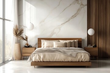 Modern bedroom with a wooden bed, neutral bedding, marble accent wall, large windows, and minimalistic decor including pampas grass and pendant lights.
