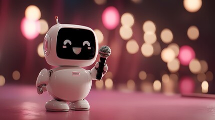 A cute robot holding a microphone on a stage with bokeh lights behind