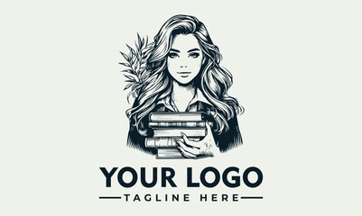 Elegant woman with flowing hair embraces a stack of books, a logo design.