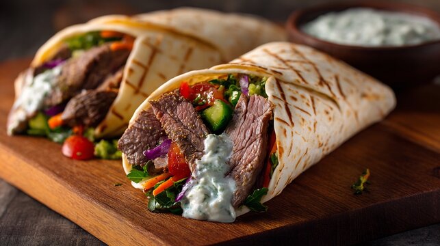 Gyro inspired wrap with shaved lamb tzatziki and vegetables adapted with American fusion flair