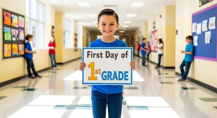 Fototapeta premium A young boy holding a first day of first grade sign in a school hallway with other students around