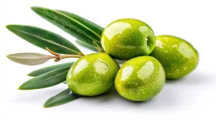 Obraz premium A vibrant close-up captures fresh green olives on a stem with bright leaves on a white background.
