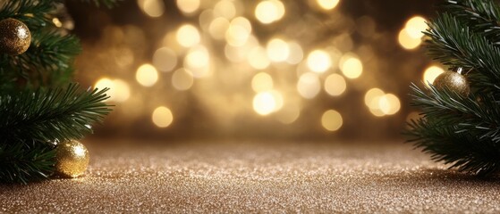 Festive gold sparkle with pine branches and baubles on christmas background