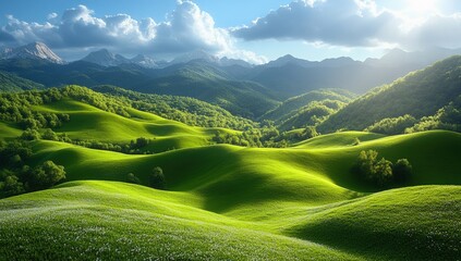 Rolling green hills under a partly cloudy sky with distant mountains in the background during a bright, sunny day.