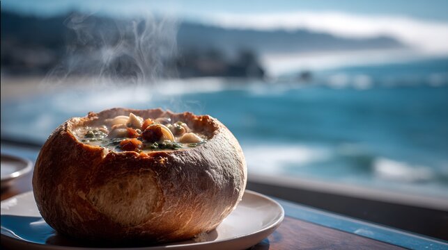 Hearty bowl of clam chowder in a bread bowl steam rising with ocean view in background