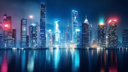 Vibrant City Skyline at Night with Neon Lights and Stunning Reflections on Water Surface - Powered by Adobe