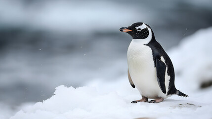 Naklejka premium Magellanic Penguin Standing on Snowy Hill in Antarctica Wildlife