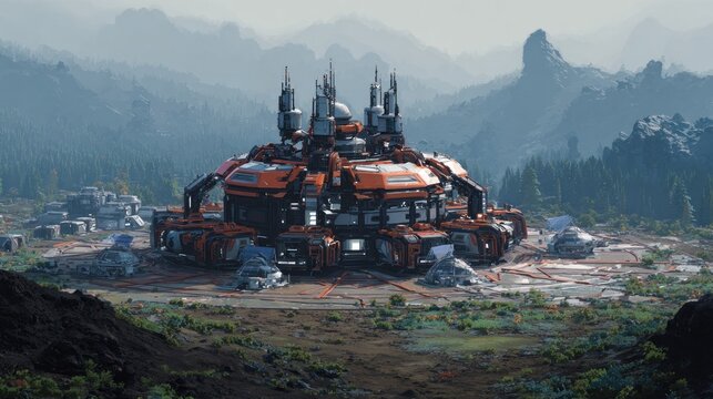 Futuristic, mobile base on alien landscape