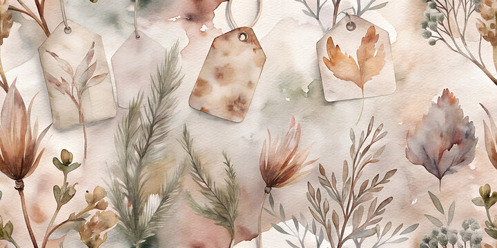 herbarium labels with dried plants in repeat pattern