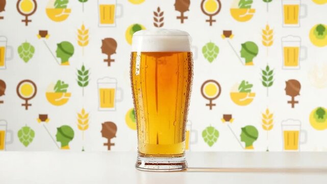 Refreshing Craft Beer in Glass Against Colorful Background with Beer Symbols