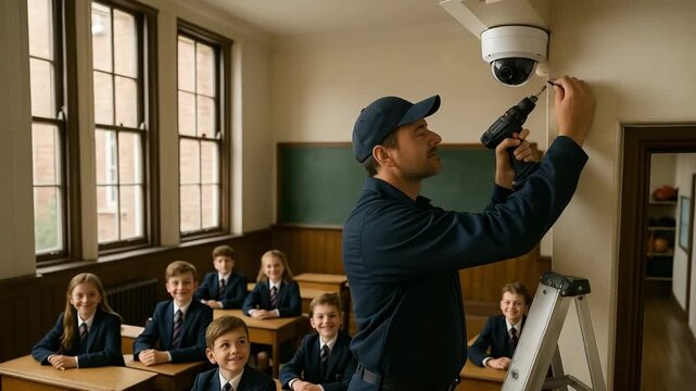 Installing security cameras in classroom by technician school environment educational content focused viewpoint